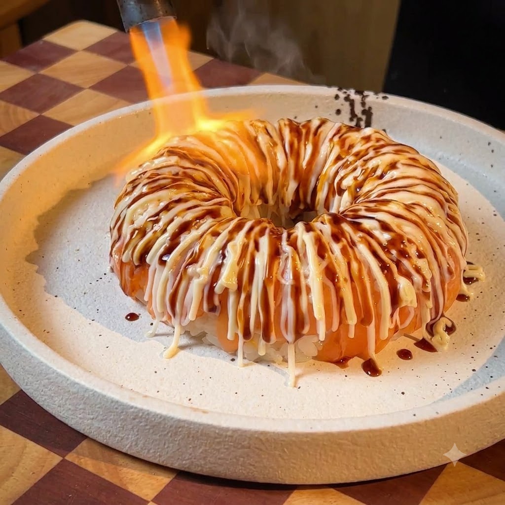 A blowtorch caramelizing the layered sauces on top of a salmon rice ring until bubbly and charred.