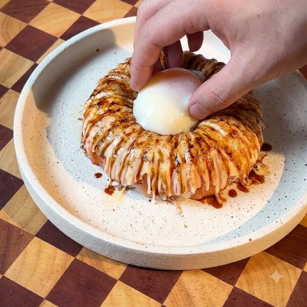 A hot spring egg being placed into the center hole of a glazed and torched salmon rice ring.