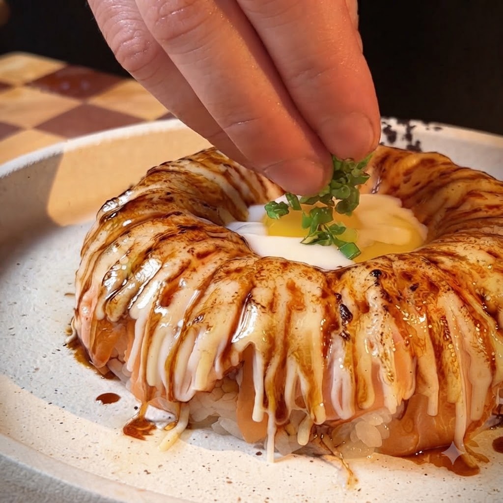 Finely chopped green onions and fish roe sauce being garnished over the egg and salmon ring.