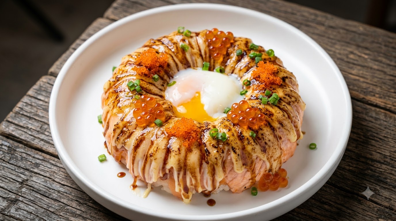 A close-up of a torched salmon rice ring topped with sweet eel sauce, creamy mayo, and a hot spring egg.