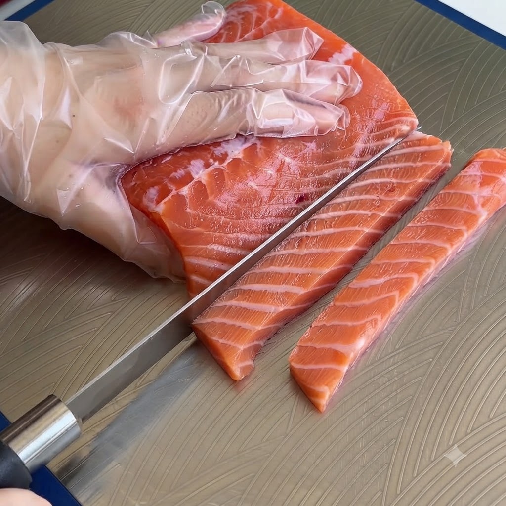 A hand wearing a plastic glove using a sharp knife to dice a salmon fillet into small pieces on a metallic surface.