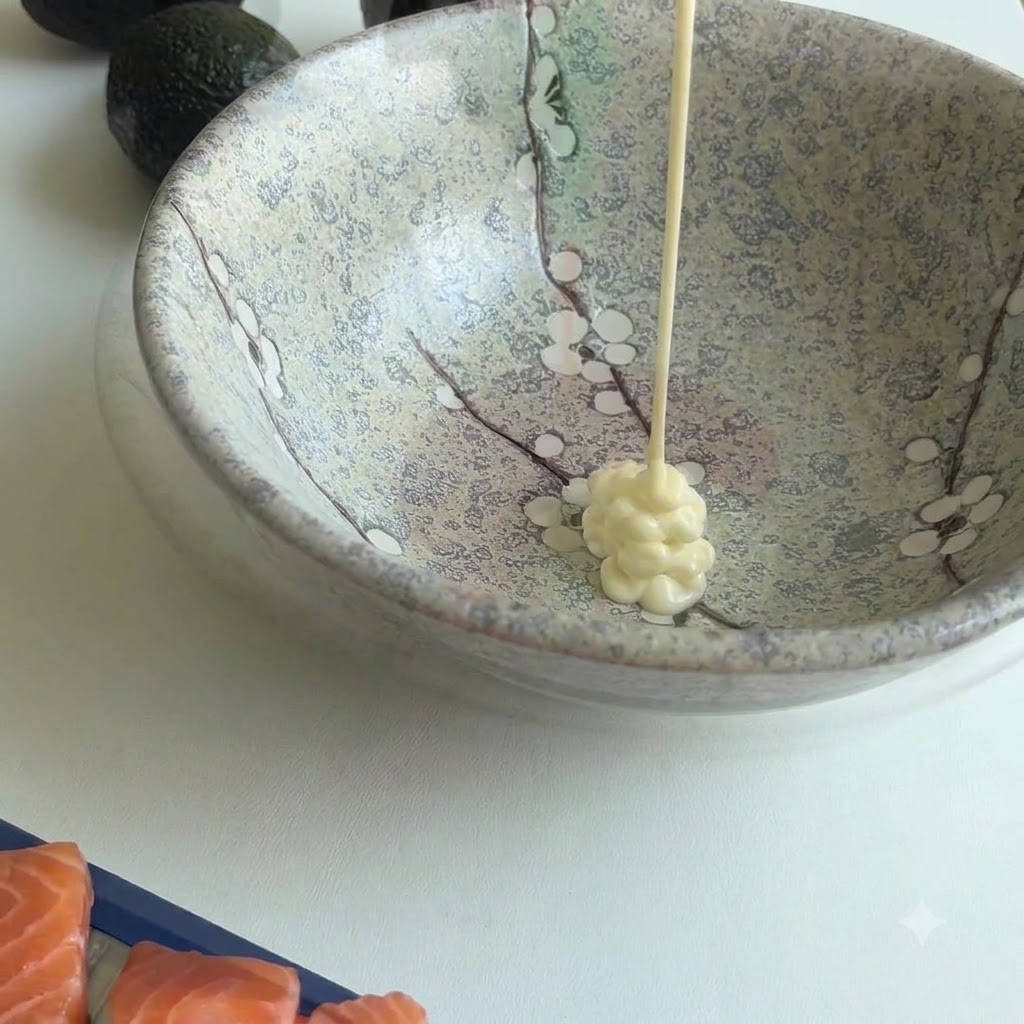 Mayonnaise being squeezed into the center of a patterned ceramic bowl with other ingredients nearby.