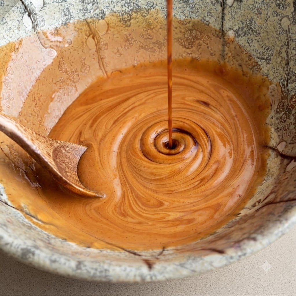 A wooden spoon swirling through a rich, smooth orange sauce inside a patterned ceramic bowl.