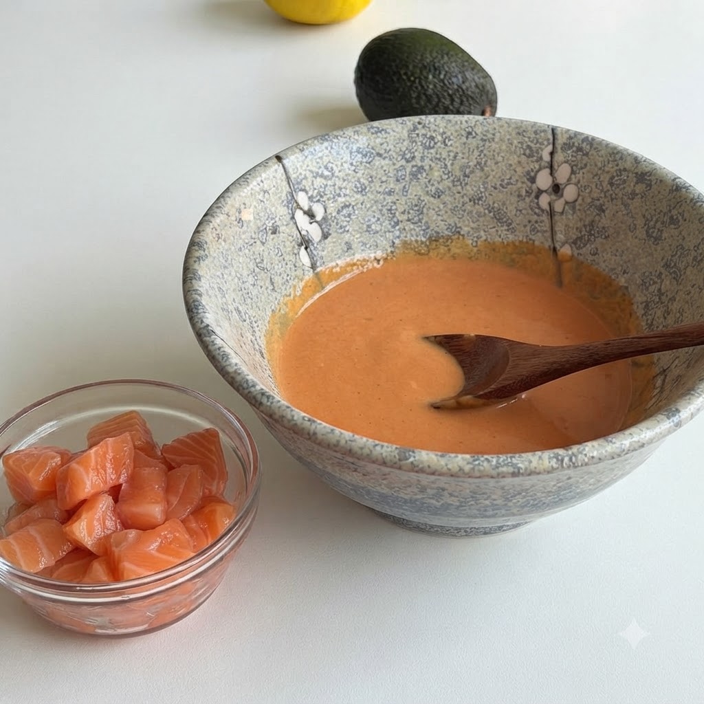 A small glass bowl filled with diced raw salmon next to a larger ceramic bowl filled with the prepared orange sauce.
