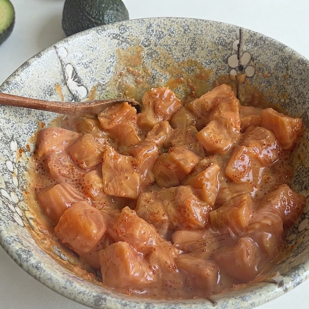 Salmon cubes mixed thoroughly with sauce and fish roe inside a patterned ceramic bowl with a wooden spoon resting on the edge.