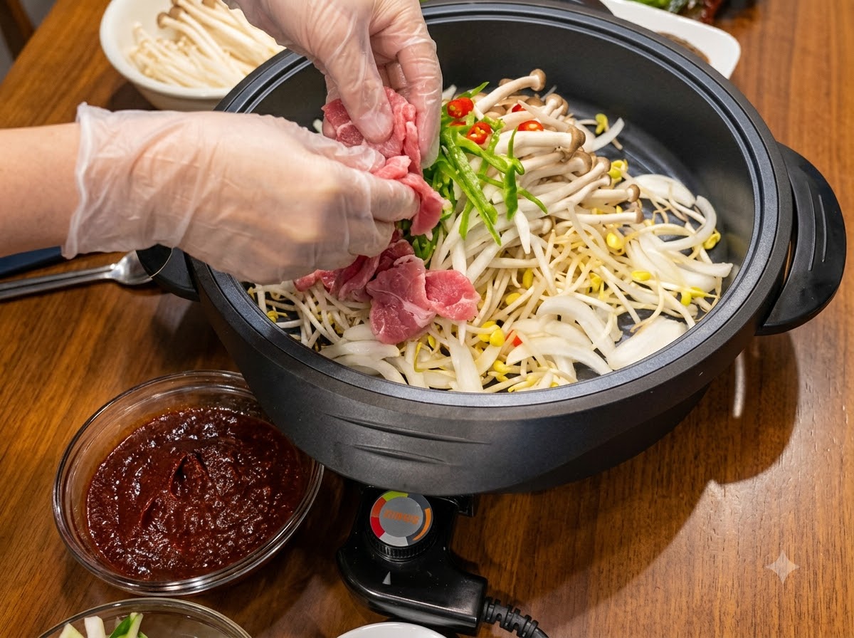 Hands wearing protective gloves arranging raw sliced meat around the edges of a pan filled with vegetables.