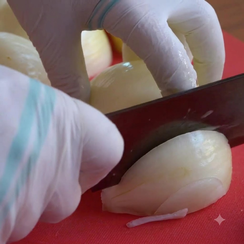 Close-up of onions being evenly sliced into thin shreds on a red cutting board using a cleaver.