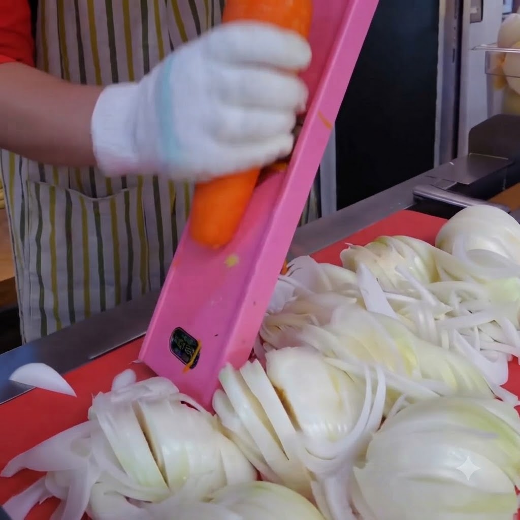 A carrot being manually grated into fine shreds with a pink mandoline slicer over a red cutting board.