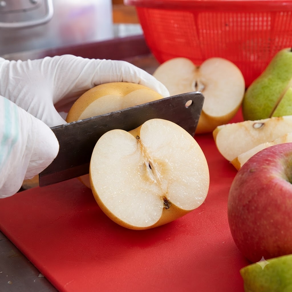 Apples and pears cut in half on a red cutting board next to a pot and colander.