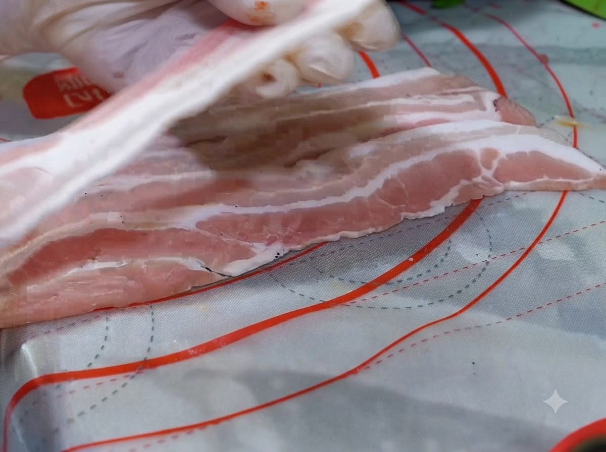 Thick slices of raw pork belly laid flat with black pepper sprinkled on top.