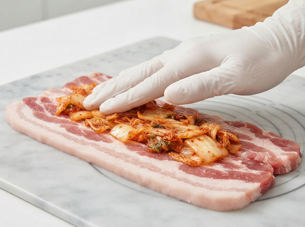 Spicy kimchi being arranged on top of thick pork belly slices on a marble board.