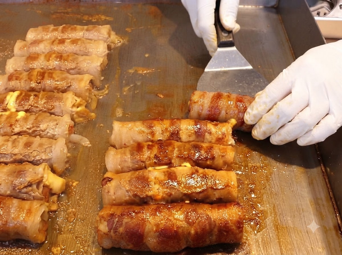 A green perilla leaf being placed over a layer of cheese on the prepared meat ingredients.
