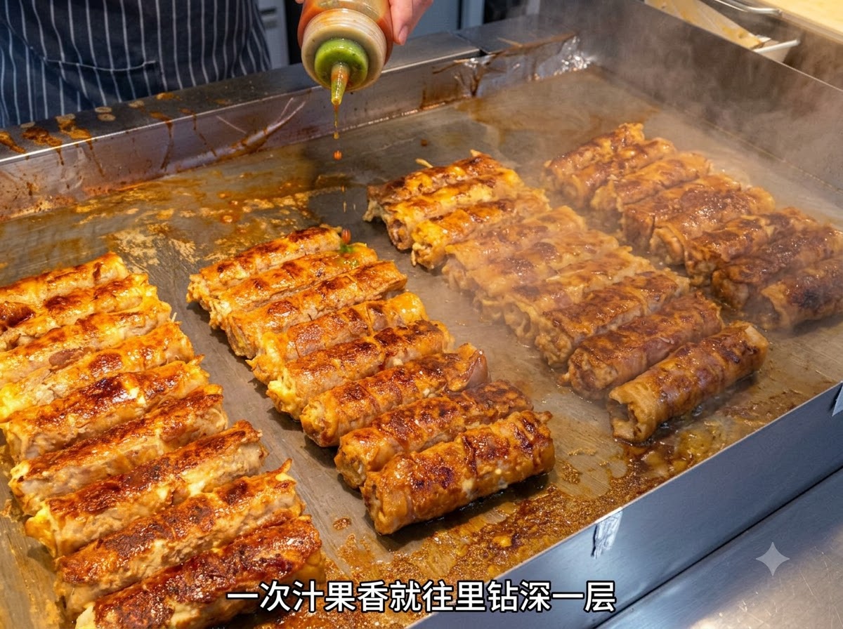 Stir-fried onion shreds being spread onto the ingredients of the pork belly roll.