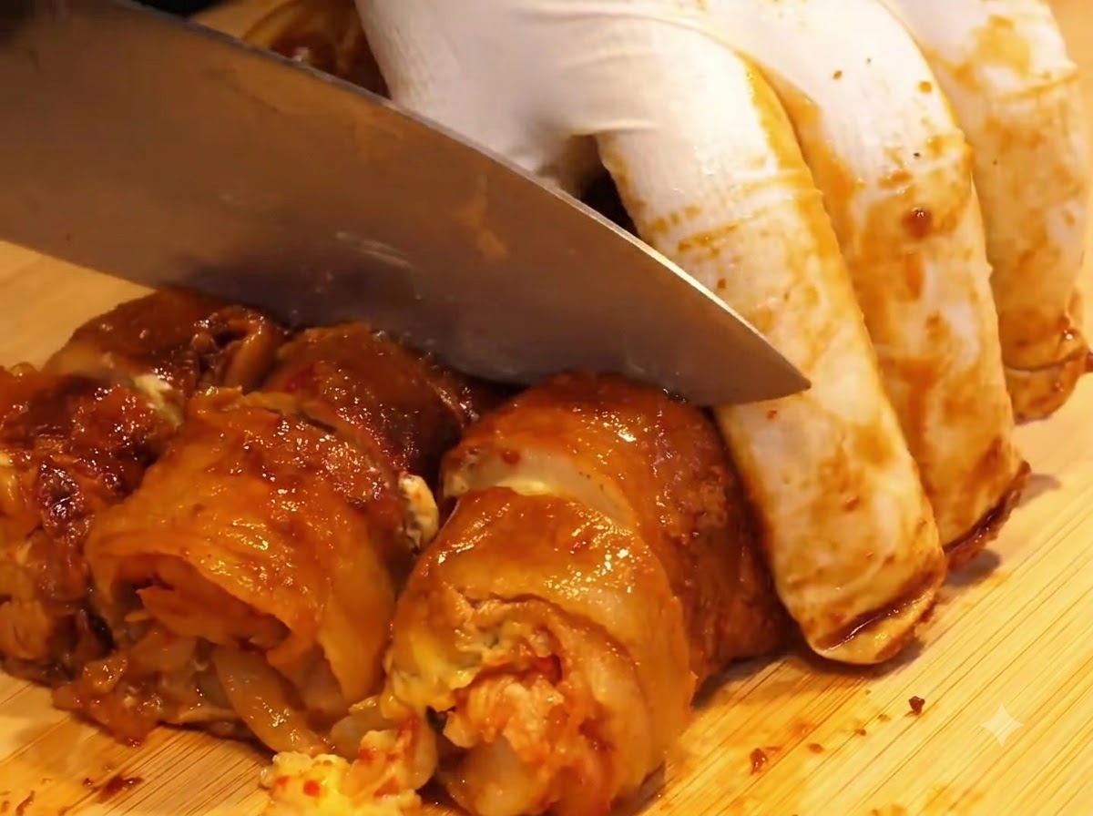 Assembled meat rolls laid out in neat rows on a hot iron griddle.