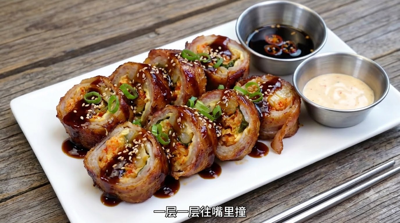 Korean iron plate bacon cheese kimchi rolls cut into bite-sized pieces, drizzled with savory sauce and served with dipping sauces