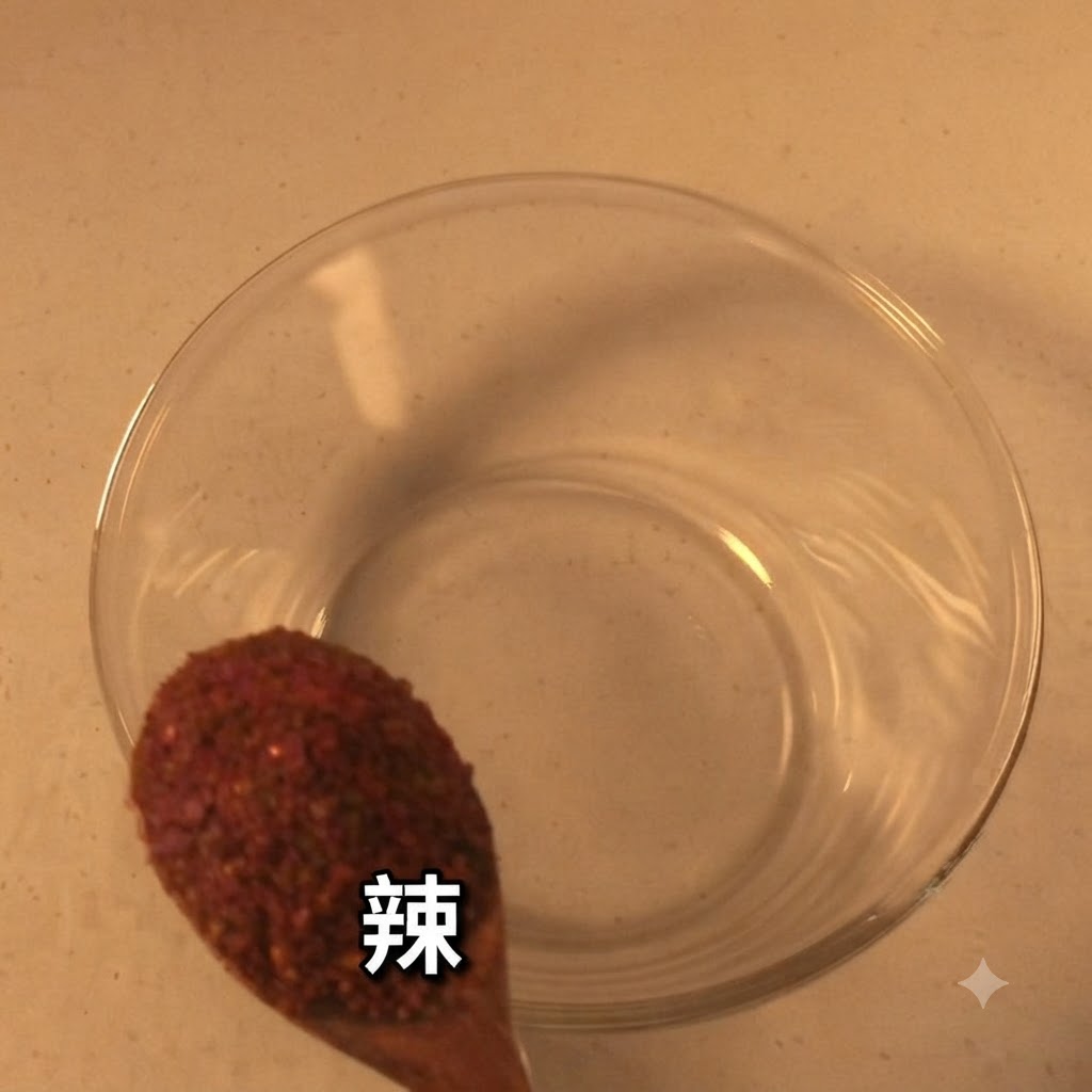 A spoonful of coarse red chili powder being held over an empty glass mixing bowl.