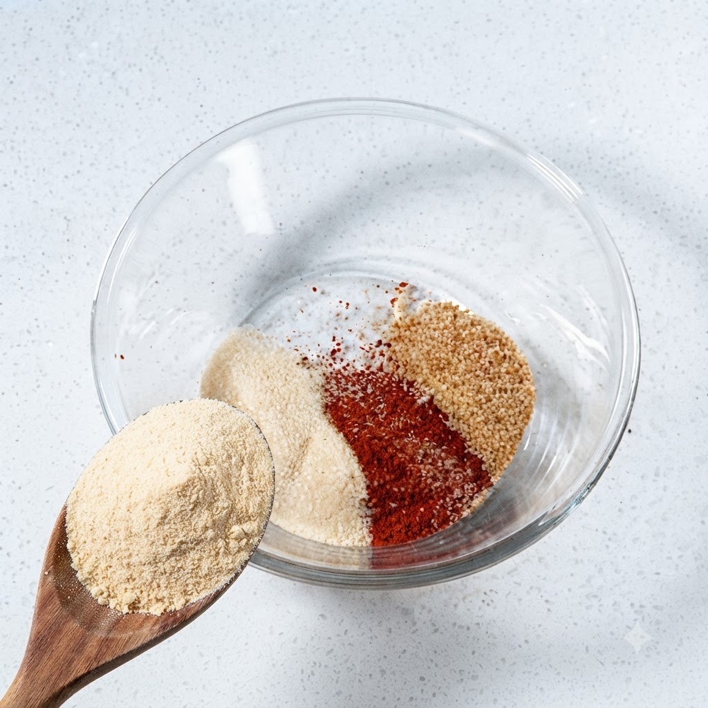 A wooden spoon filled with beef bouillon powder positioned over a glass bowl containing various seasoning powders.