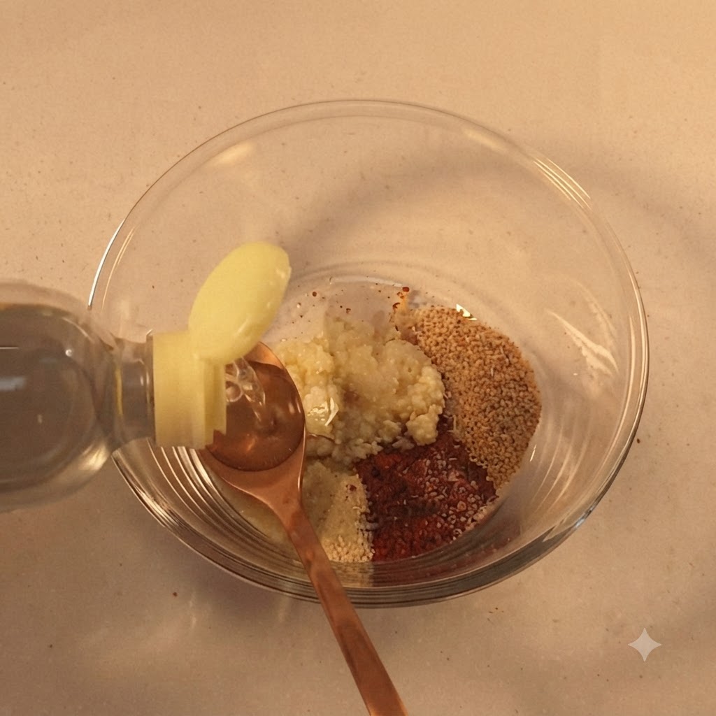A bottle pouring cooking liquid into a measuring spoon resting inside a glass bowl with dry seasonings.