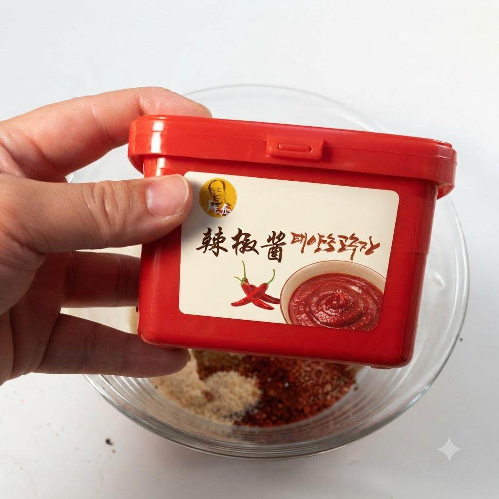A hand holding a red tub of Korean chili paste above the seasoning bowl.