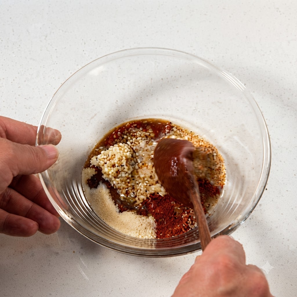 A wooden spoon mixing the various sauce ingredients inside a glass bowl into a thick red paste.