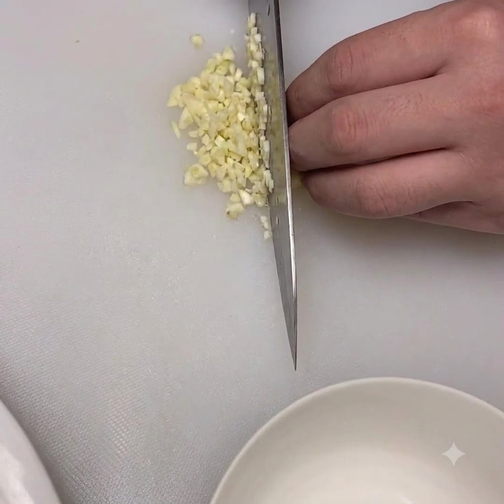 Minced garlic and white sugar combined inside a small white bowl.