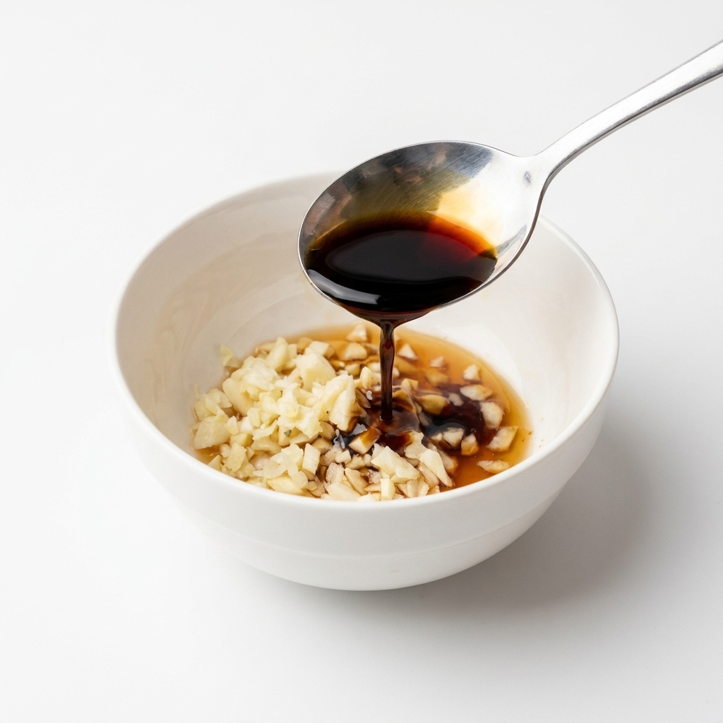 Dark soy sauce being poured from a spoon into a bowl with garlic and sugar.