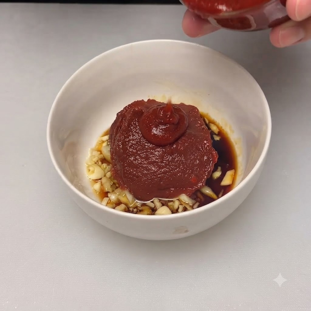 A large dollop of thick red chili paste resting in the center of the mixing bowl.