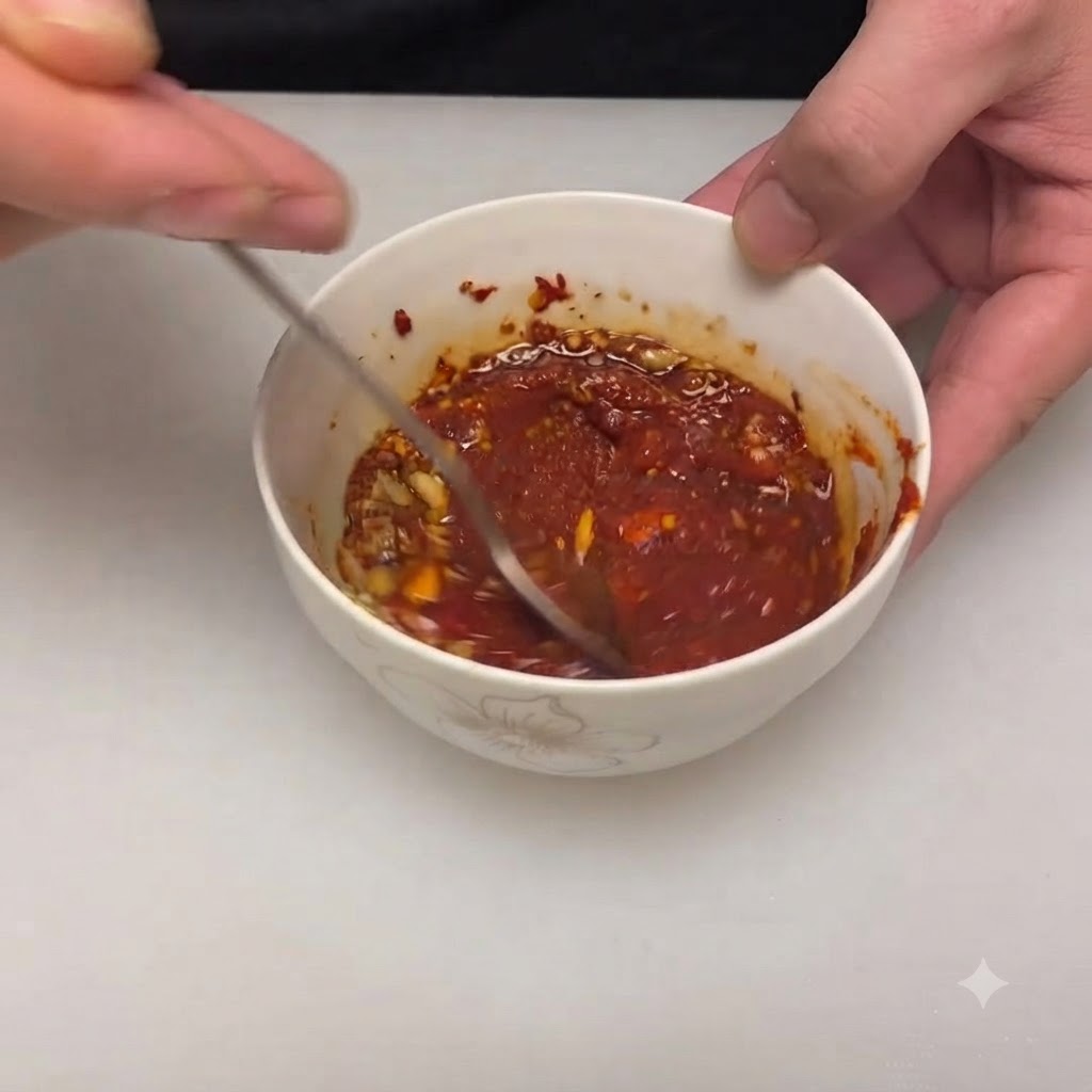 A spoon stirring the rich, thick red chili sauce inside the bowl.