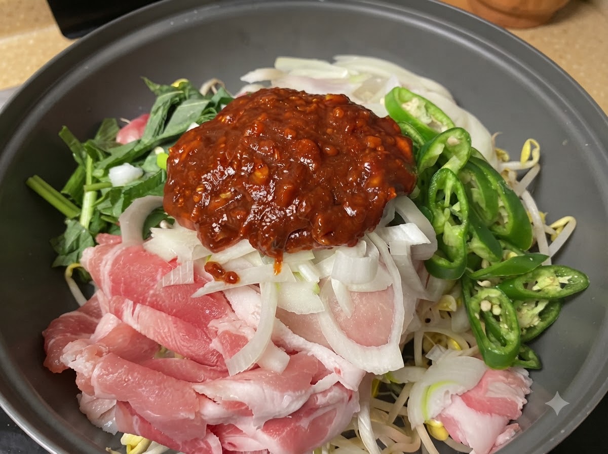 Red chili sauce being scooped and poured onto the top of layered raw ingredients.