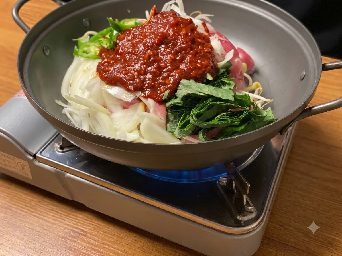 Ingredients simmering in a pan over a gas flame, with the red sauce blending into the cooking meat and vegetables.