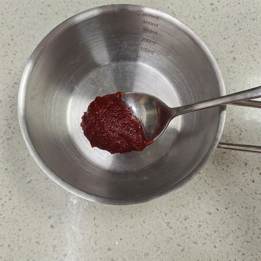 A spoonful of red chili paste held over a stainless steel bowl with measurement markings on the side.