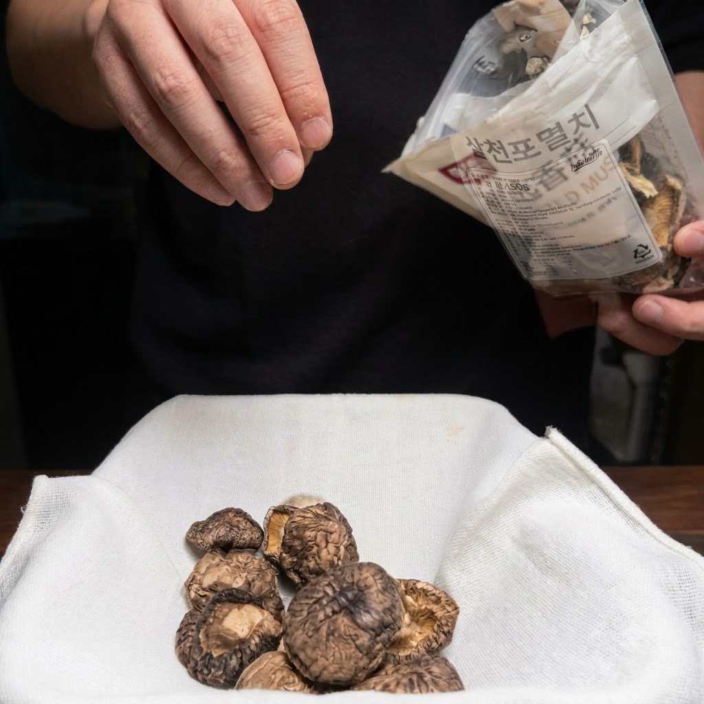 Dried mushrooms and other soup stock ingredients being placed inside a white mesh cloth bag.