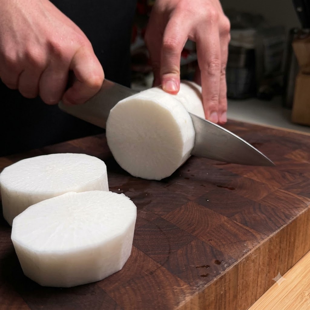 Thick slices of fresh white radish being cut with a kitchen knife on a wooden cutting board.