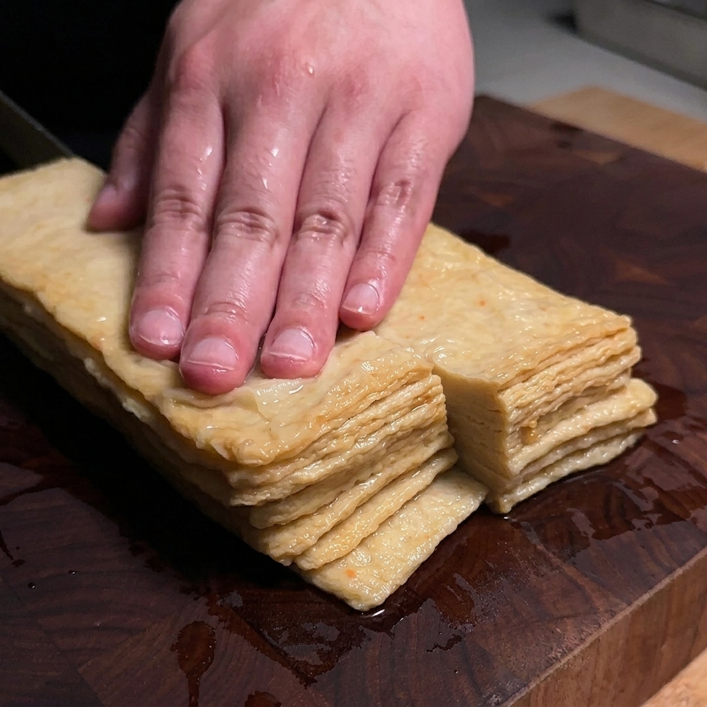 A stack of cooked flat fish sheets being cut into strips with a knife on a wooden board.