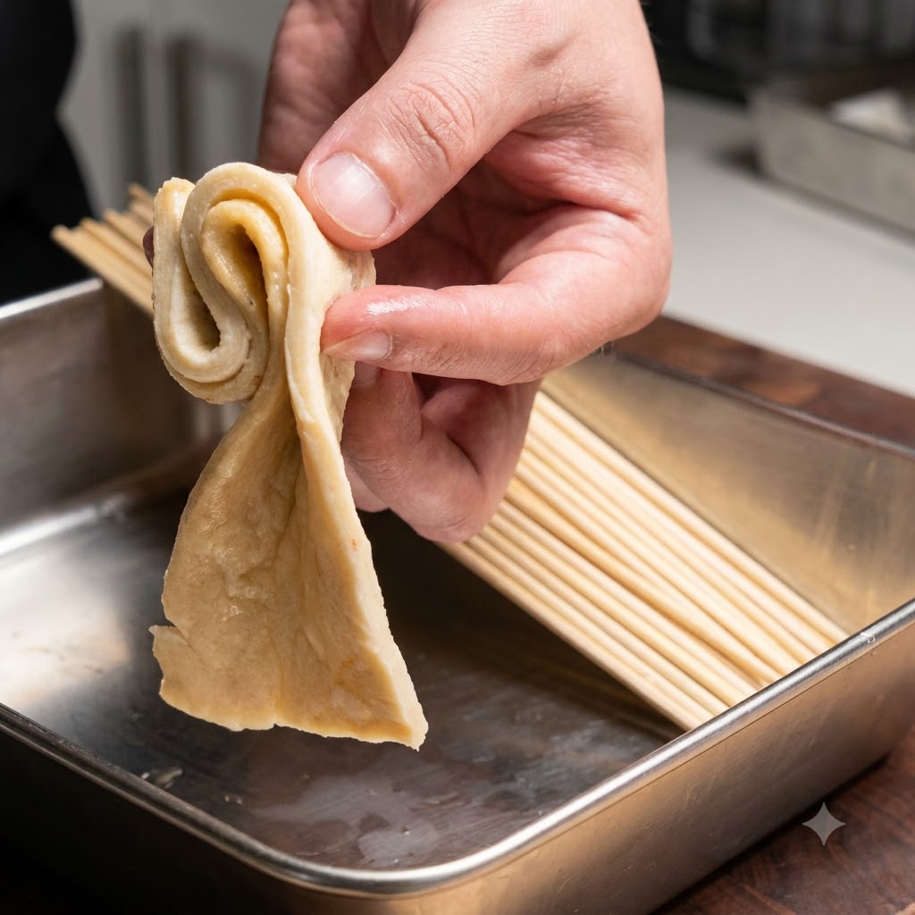 A hand folding and threading a strip of fish cake onto a wooden bamboo skewer.