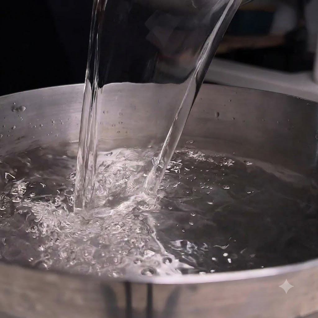 Water being poured from a clear pitcher into a metal cooking pot.