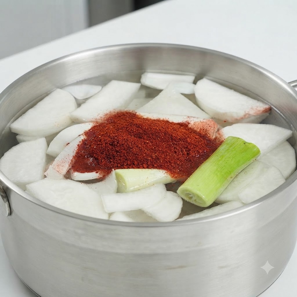 A pot of vegetable broth filled with white radish slices, green onion, and a central mound of red chili powder and Korean spicy sauce paste.