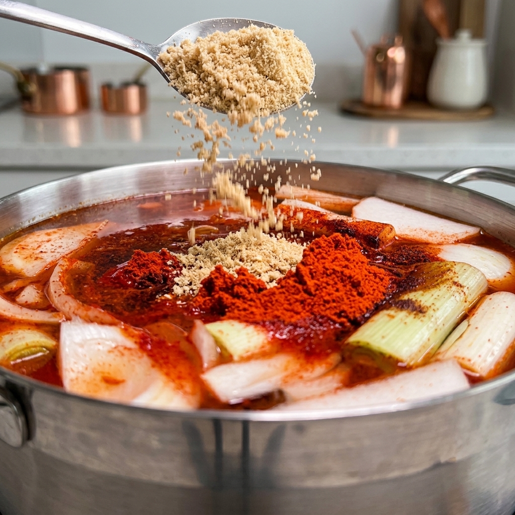 A spoonful of peanut powder being poured into a large pot filled with boiling spicy red sauce and sliced vegetables.