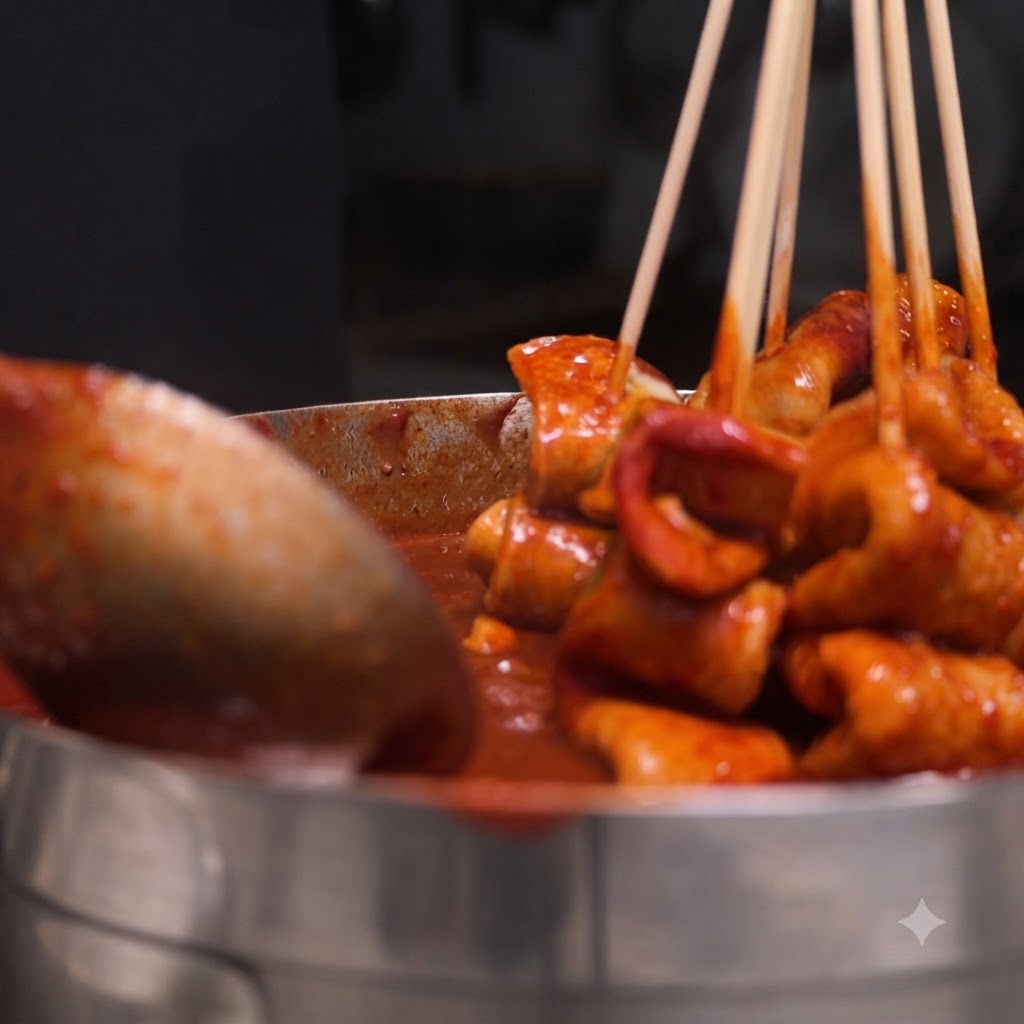 Skewered fish cakes being submerged into a pot of thick, boiling red spicy sauce with a ladle.