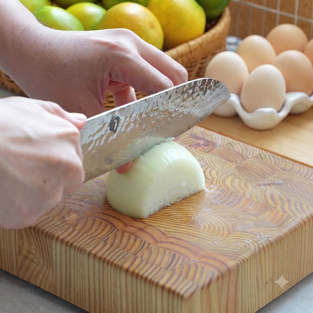 Half an onion being chopped into small pieces on a wooden cutting board with a chefs knife.