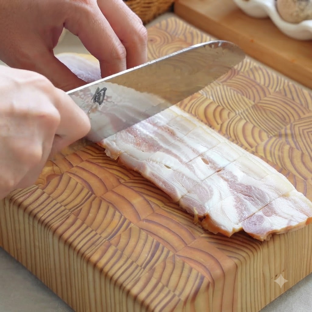 Three strips of bacon being sliced into thin strips on a wooden board.