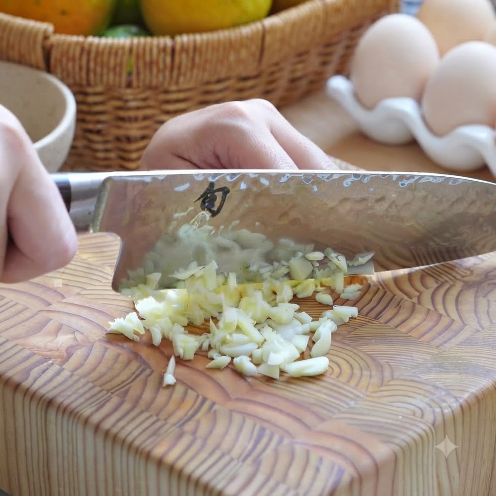 Garlic cloves being finely minced on the cutting board with a chefs knife.