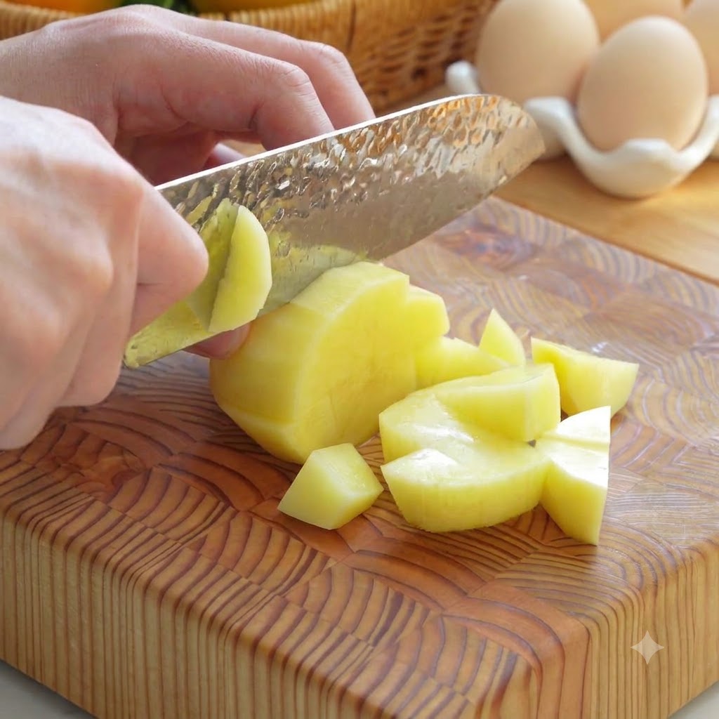 Potatoes and carrots being peeled and cut into small, uniform cubes on a cutting board.