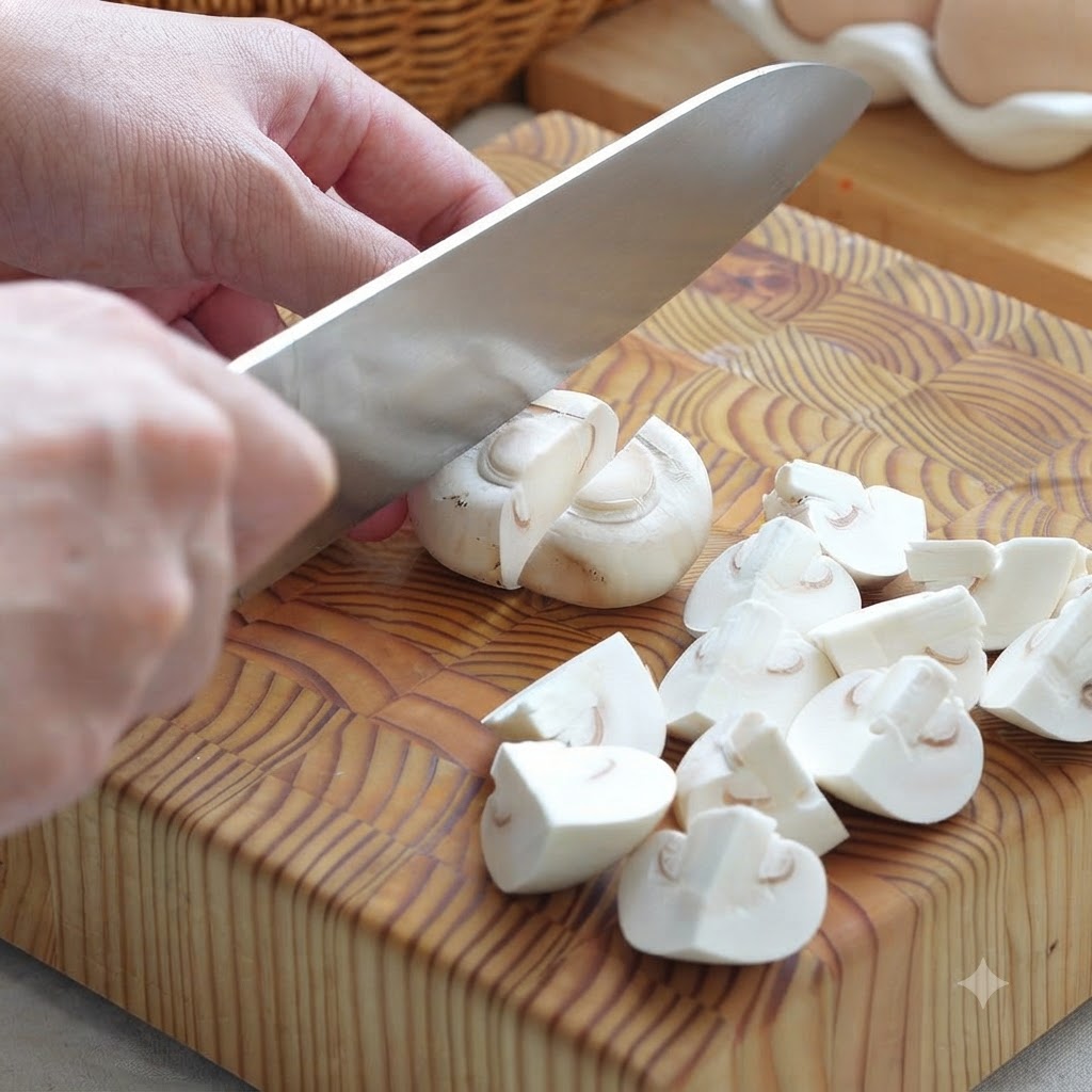 White button mushrooms being sliced into quarters on a wooden cutting board.