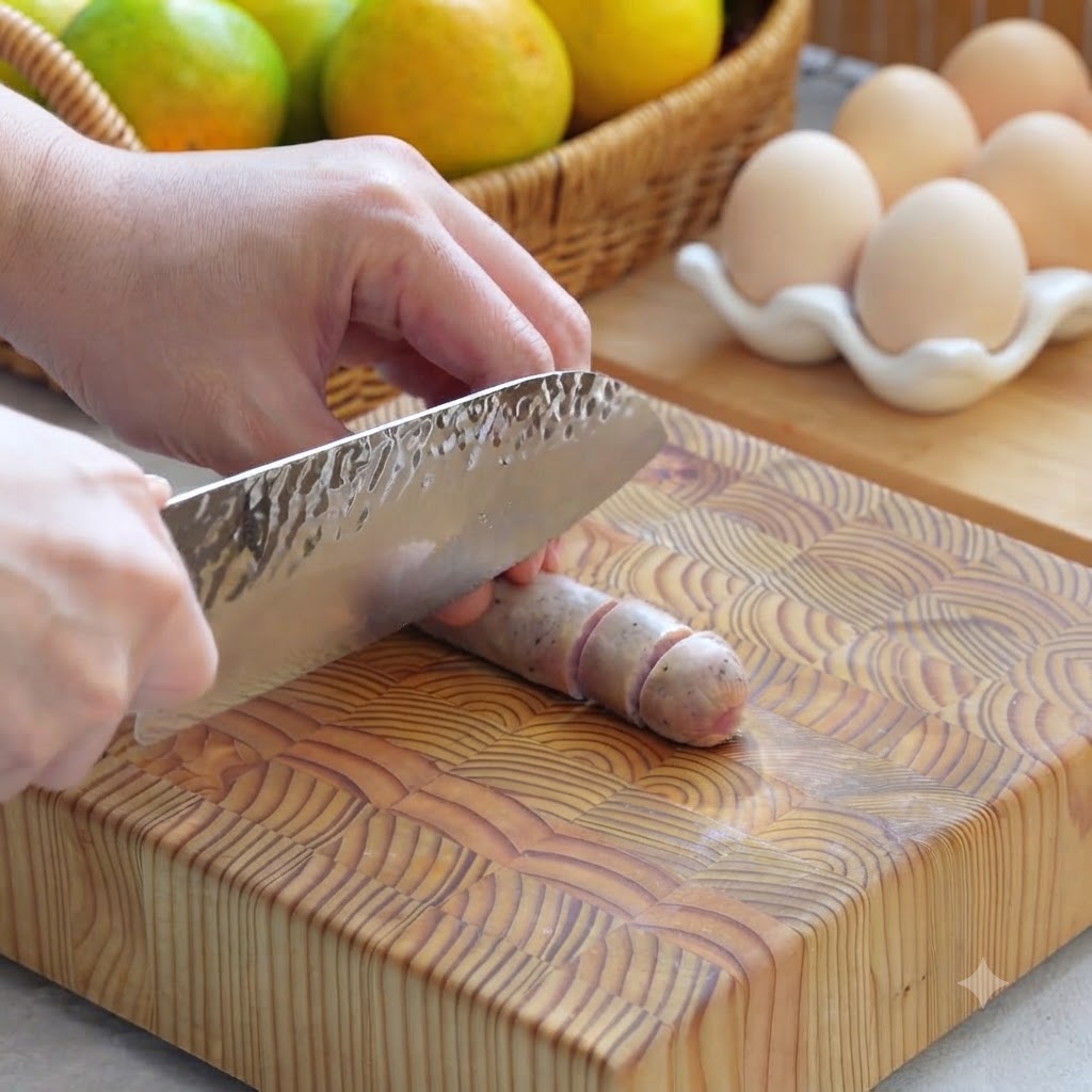 Black truffle sausages being sliced into circular coins on a wooden cutting board.