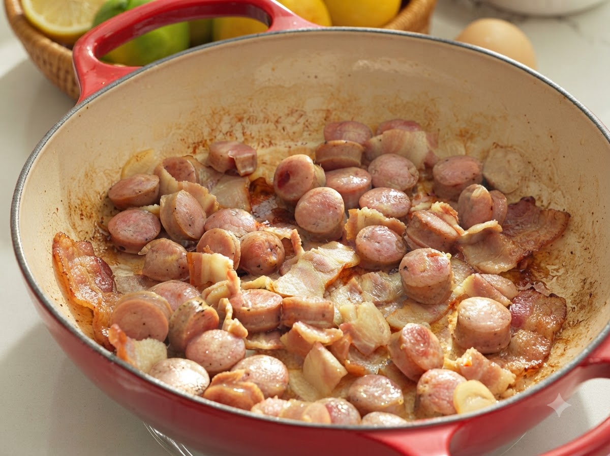 Bacon strips and sliced sausages pan-frying in a large red skillet until surfaces are browned and lightly charred.