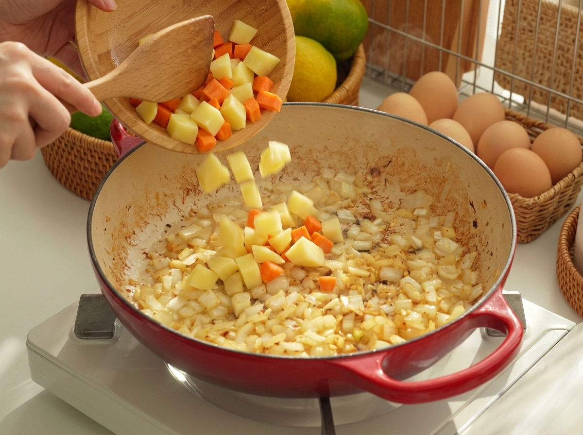 Cubed potatoes and carrots being tipped from a wooden bowl into a pan containing sautéed aromatics.