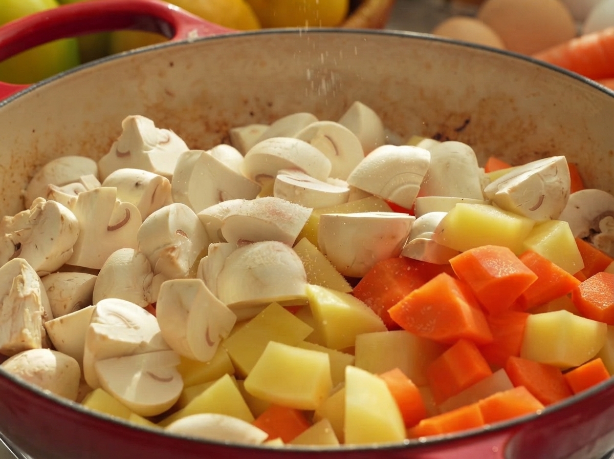 Seasonings being sprinkled over a mix of sliced white mushrooms, diced potatoes, and carrots in a pan.