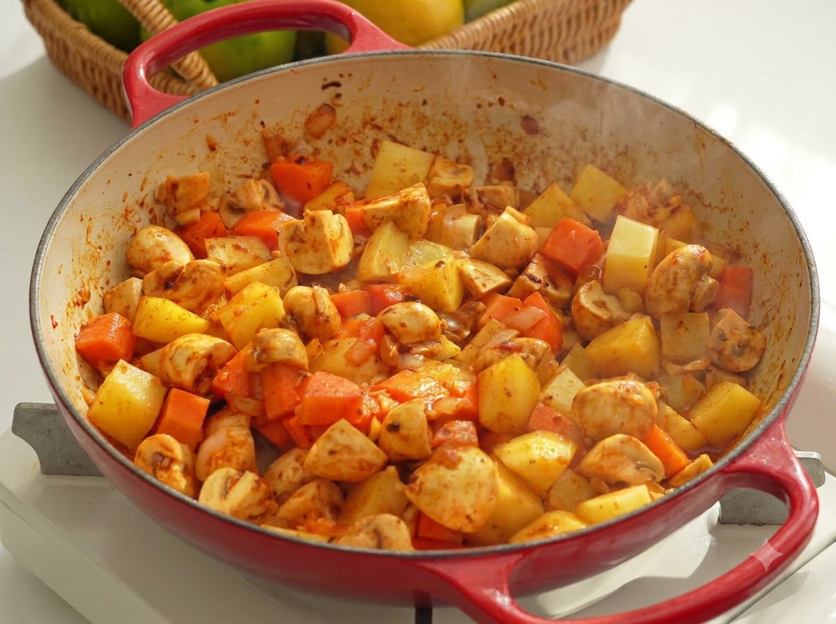 Vegetables simmering and steam-cooking inside a covered red pan.
