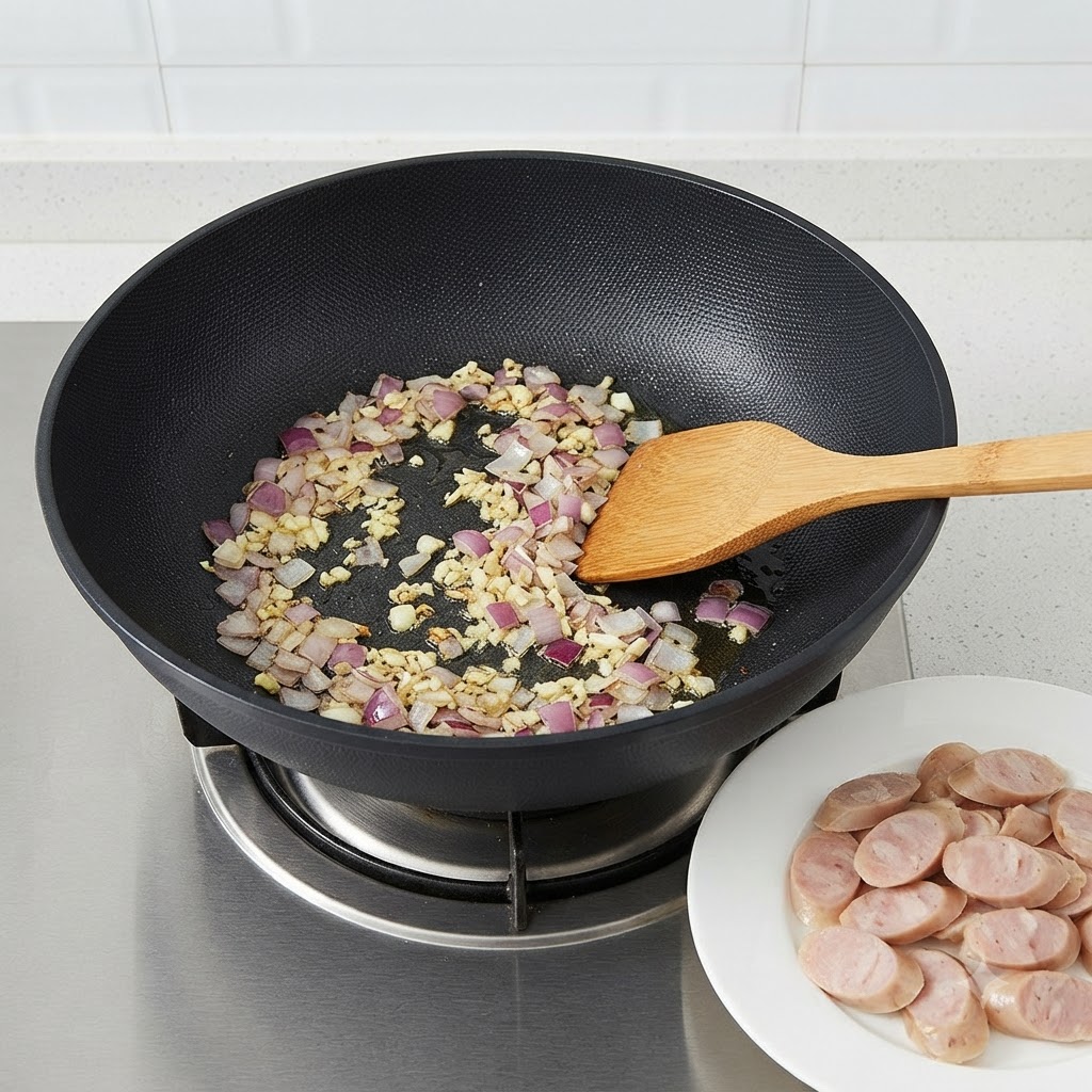Slices of grilled sausage laid out on a white plate beside a pan with sautéed garlic and onions.